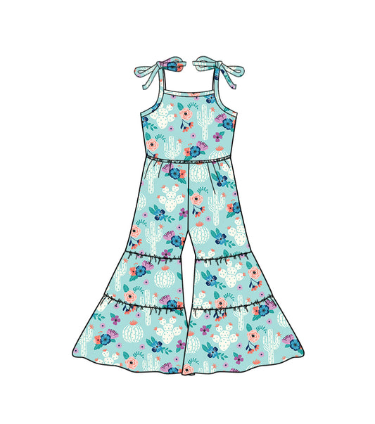 (Pre-order)SR0870 Cactus Flowers Print Girls Summer Jumpsuit