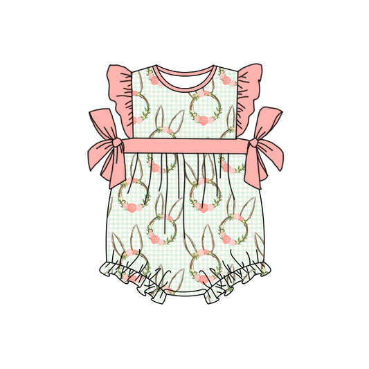 (Pre-order)SR0874  Bunny Flowers Print Baby Girls Easter Romper