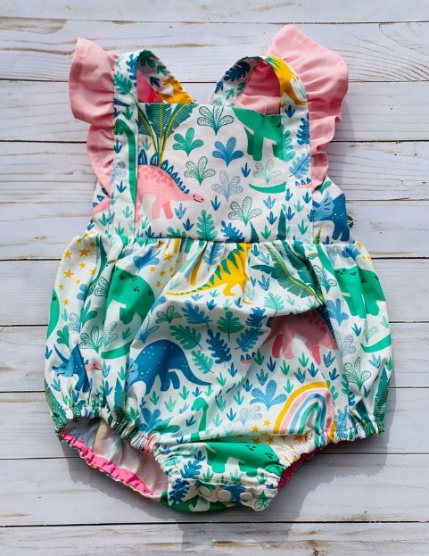 (Pre-order)SR0880 Dino Flowers Print Baby Girls Summer Romper