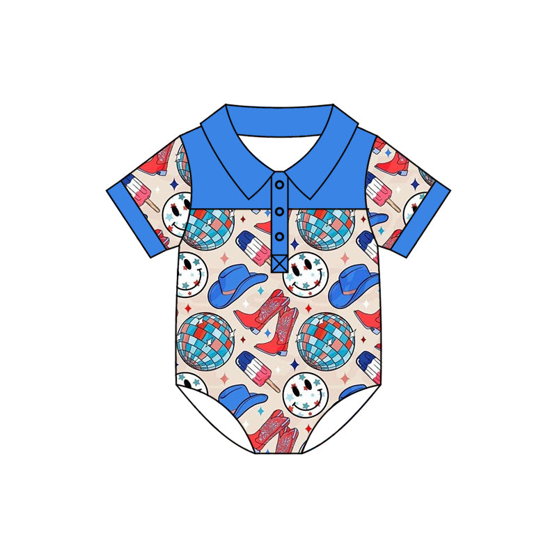 (Pre-order)SR0885 Smiling Face Boots Hat Print Baby Boys 4th of July Romper