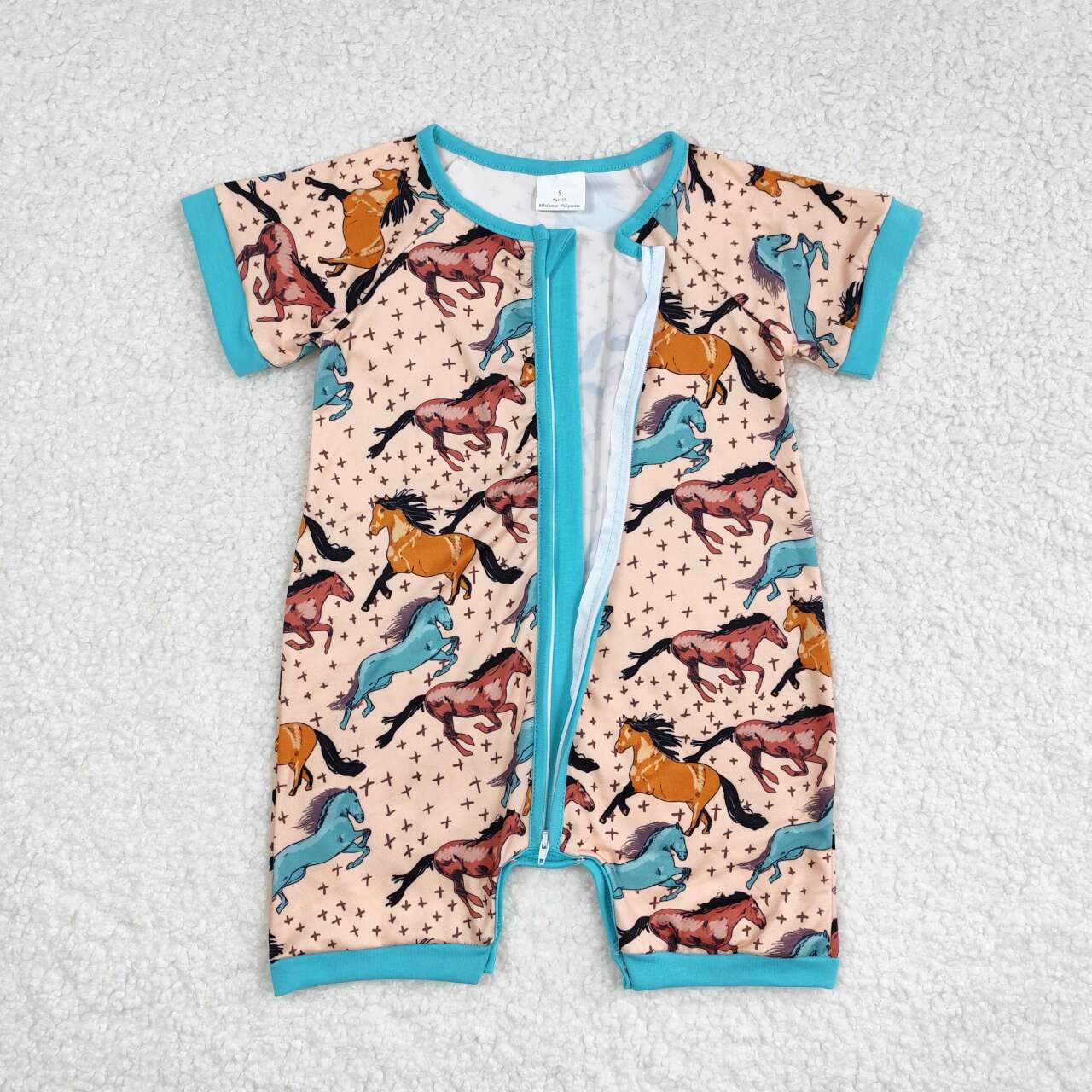 SR0934 Horse Print Baby Boys Summer Western Zipper Romper