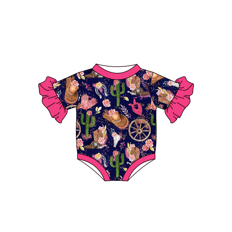 (Pre-order)SR0942 Cactus Boots Flowers Print Baby Girls Summer Romper