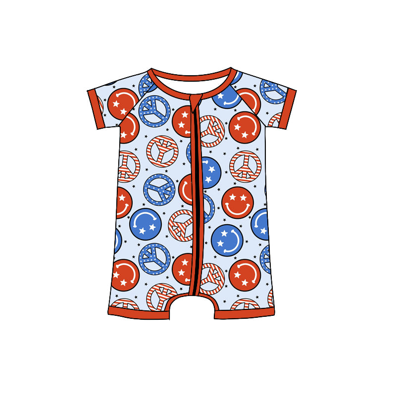 (Pre-order)SR0999 Smiling Face Print Baby Boys 4th of July Zipper Romper