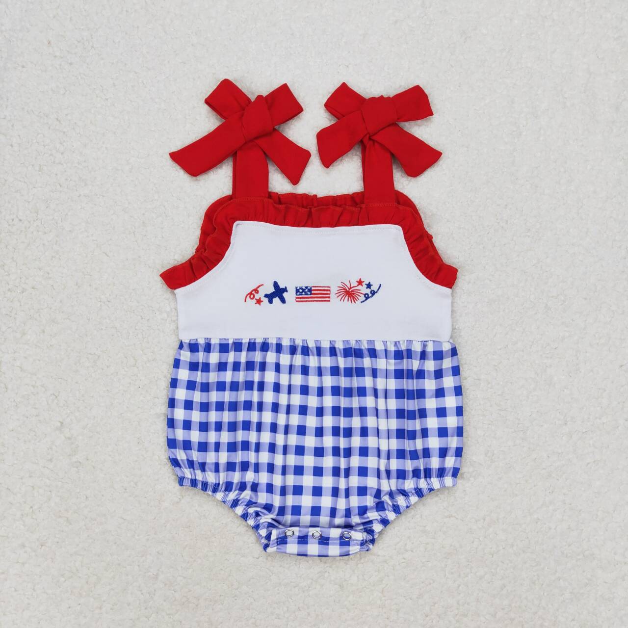 Airplane Flag Fireworks Embroidery Blue Plaid Print Sibling 4th of July Matching Clothes
