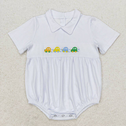 SR1077 Car Embroidery Stripes Print Baby Boys Summer Romper