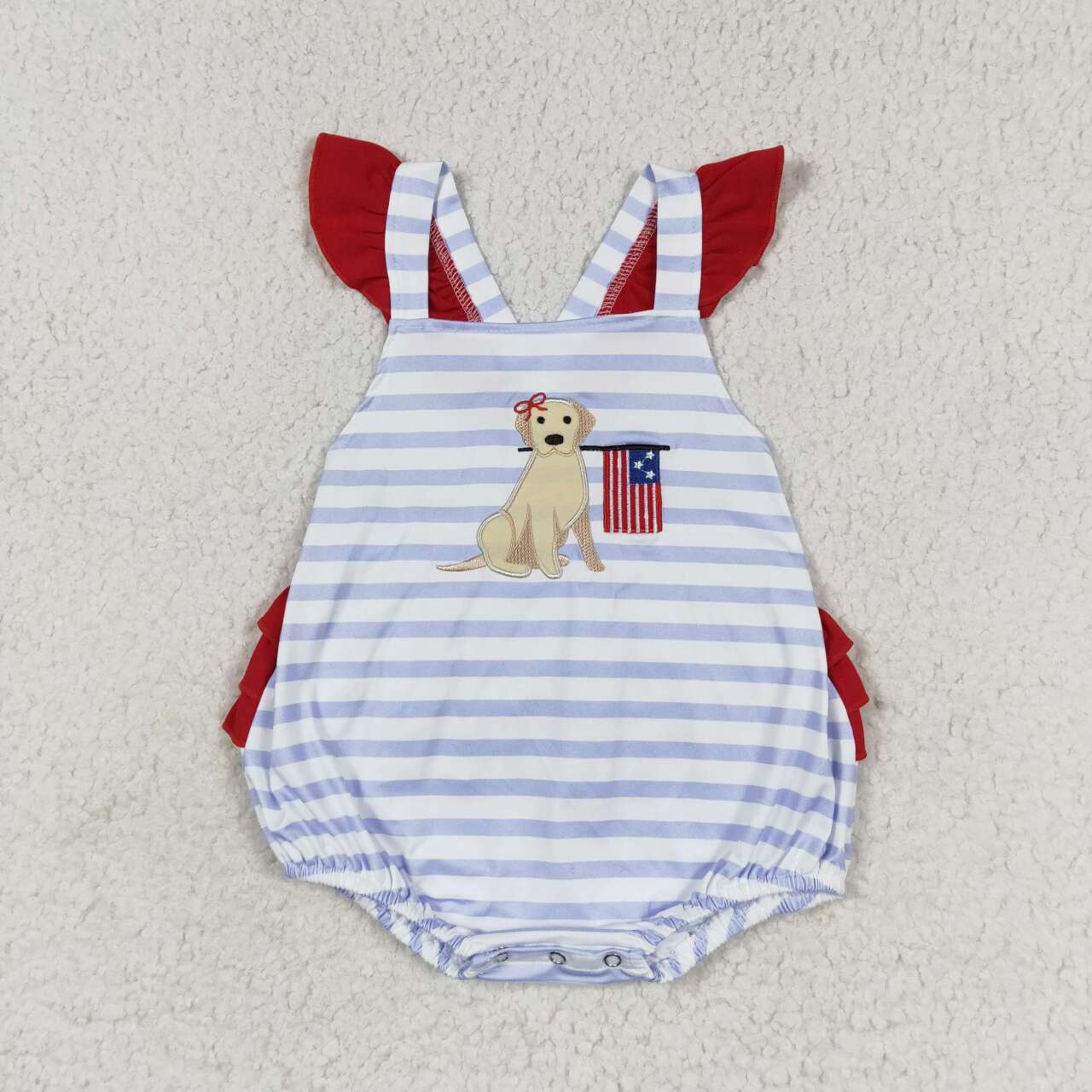 SR1081 Dog Flag Embroidery Stripes Baby Girls 4th of July Bubble Romper