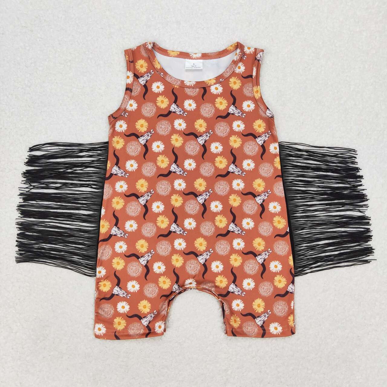 SR1111 Cow Skull Flowers Print Baby Girls Tassels Summer Romper