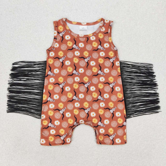 SR1111 Cow Skull Flowers Print Baby Girls Tassels Summer Romper