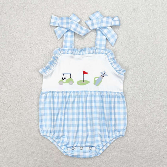 SR1175 Golf Blue Plaid Print Baby Girls Summer Strap Romper