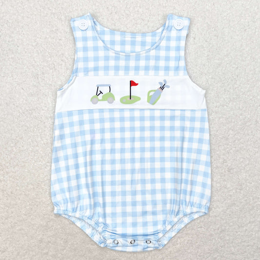 SR1176 Golf Blue Plaid Print Baby Boys Summer Romper