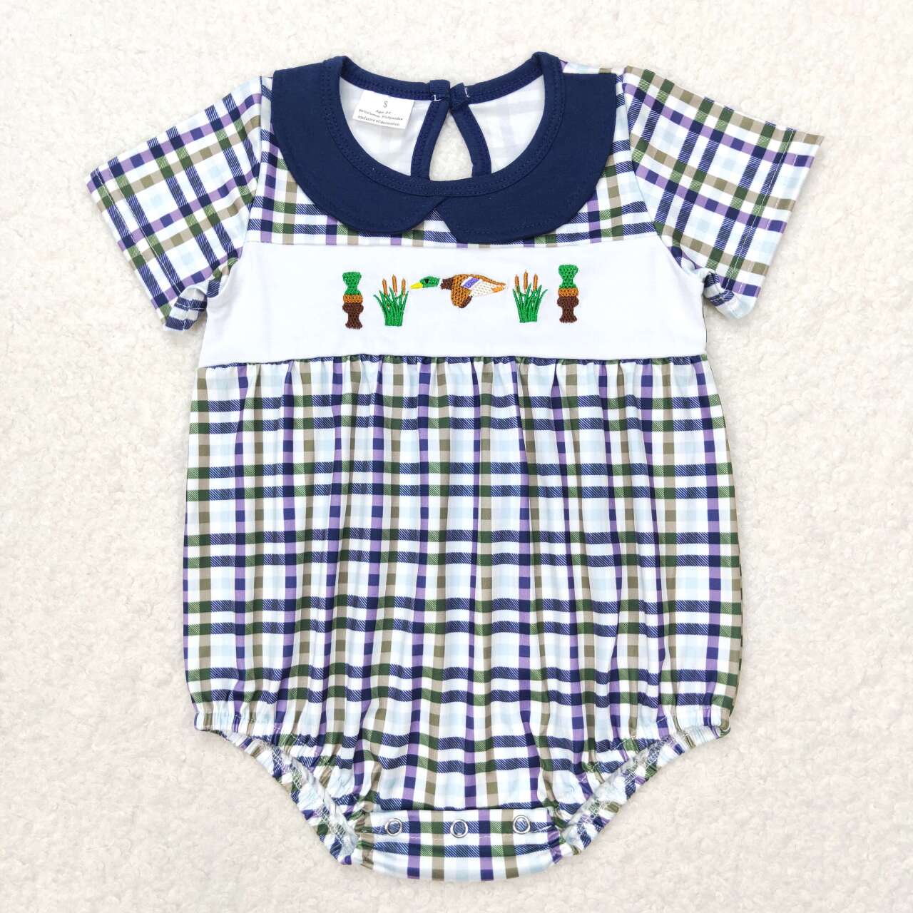 SR1242 Duck Embroidery Plaid Print Baby Boys Summer Romper