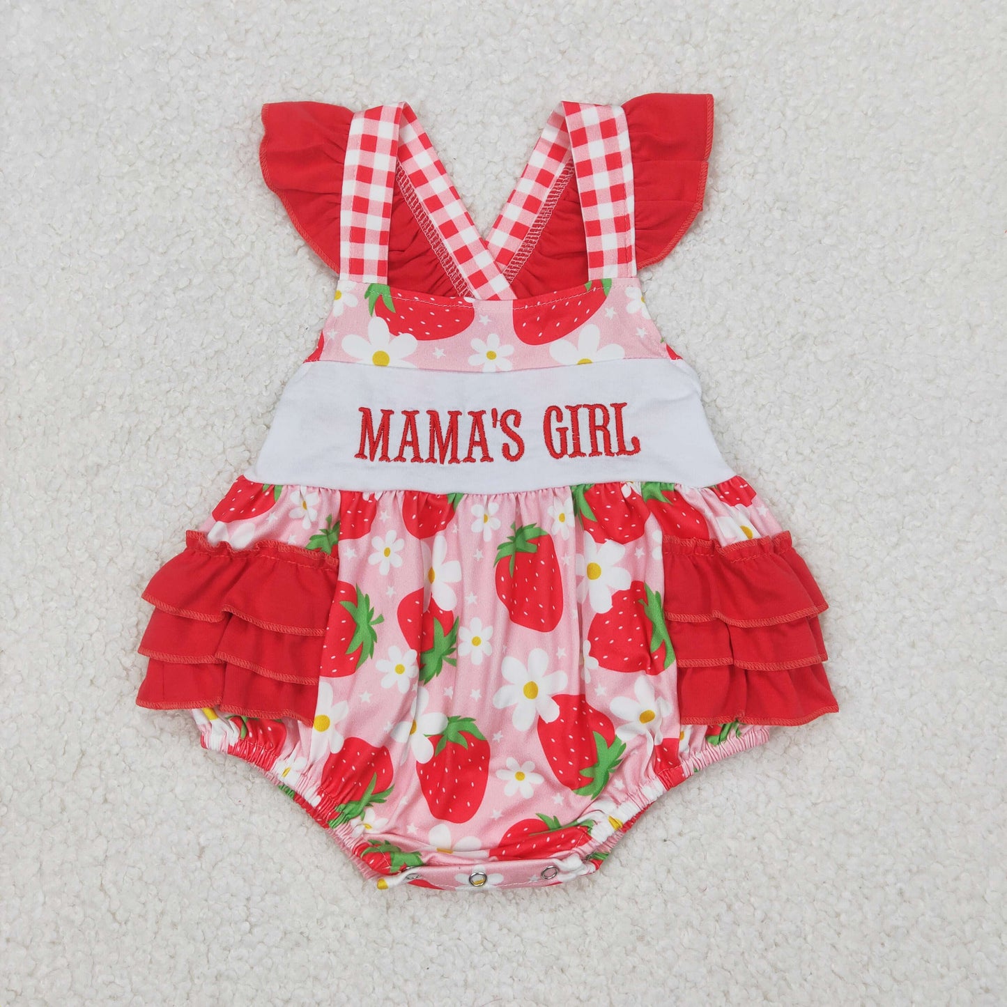 SR1269 MAMA'S GIRL Embroidery Strawberry Baby Girls Summer Bubble Romper