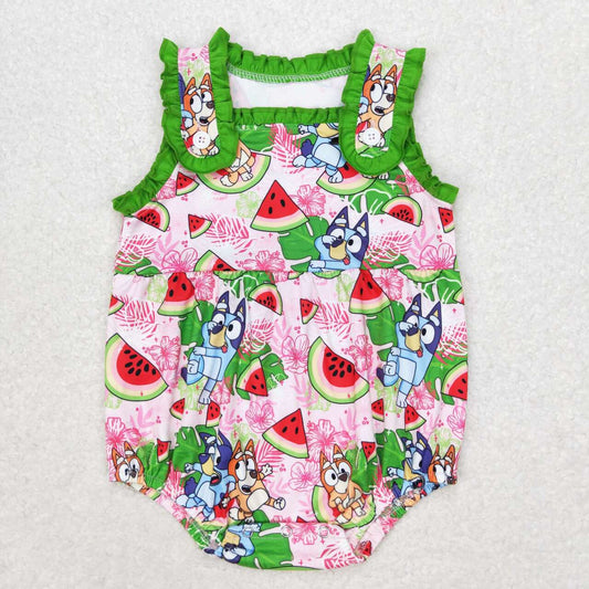 SR1308  Watermelon Cartoon Dog Print Baby Girls Summer Romper