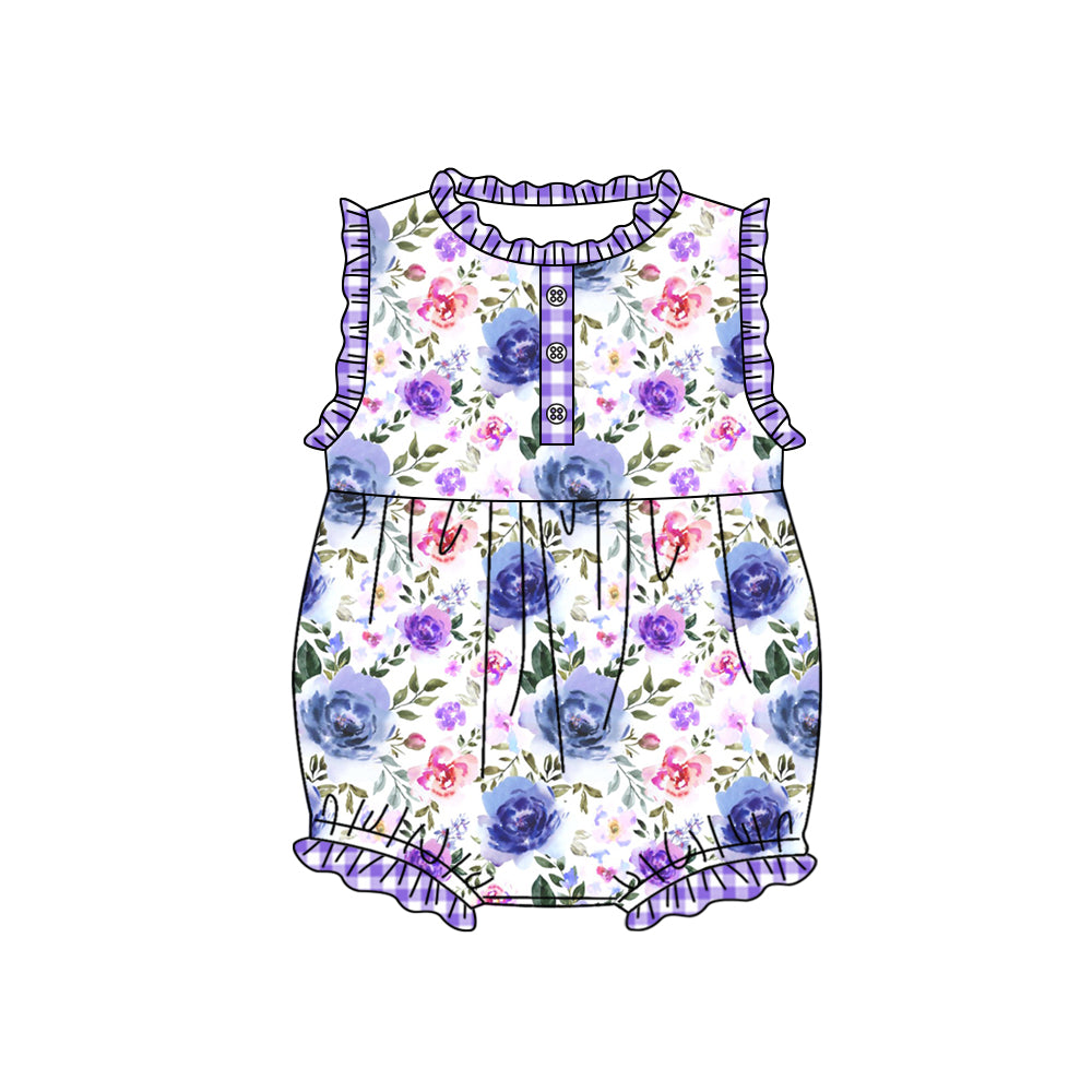 (Pre-order)SR1344 Purple Flowers Print Baby Girls Summer Romper