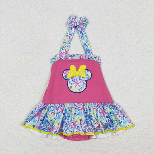 SR1346   Cartoon Mouse Embroidery Marine Organism Print Baby Girls Summer Romper