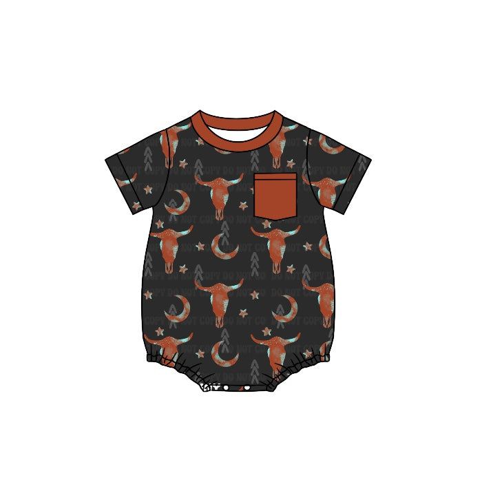 (Pre-order)SR1359 Cow Skull Aztec Print Baby Boys Western Summer Romper