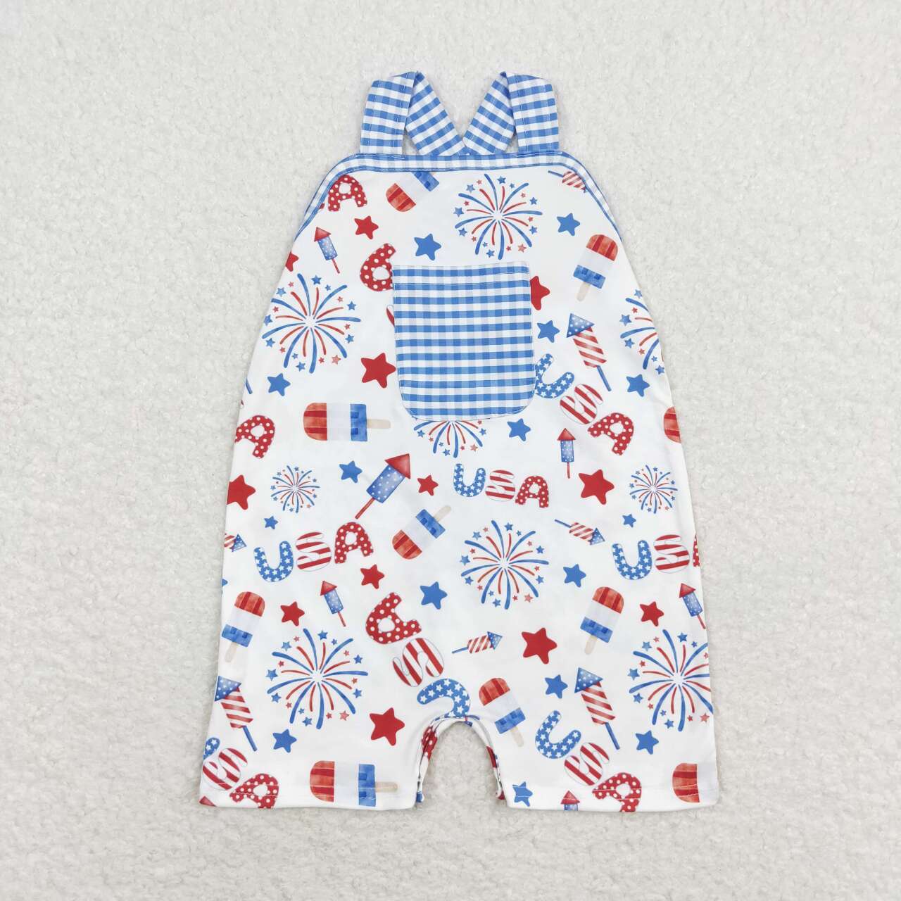 SR1366 USA Fireworks Print Pocket Baby Boys 4th of July Romper