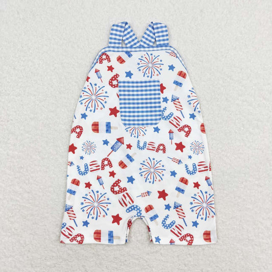 SR1366  USA Fireworks Print Pocket Baby Boys 4th of July Romper