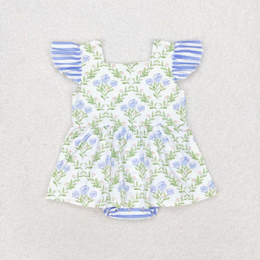 SR1371  Blue Flowers Print Baby Girls Summer Ruffle Romper