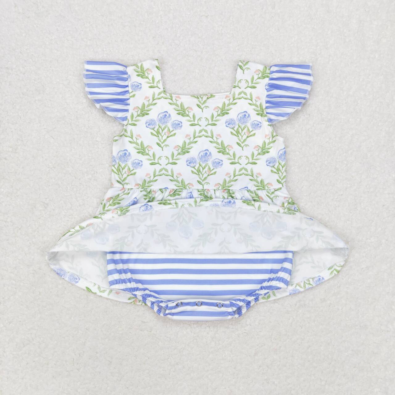 SR1371 Blue Flowers Print Baby Girls Summer Ruffle Romper