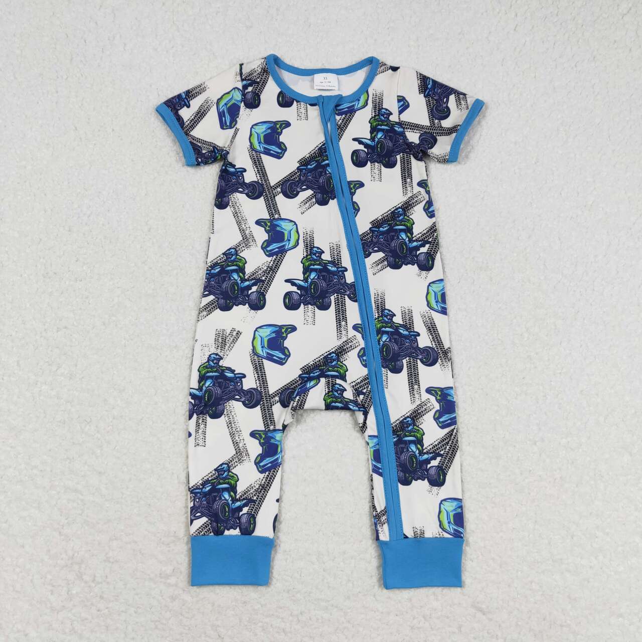 SR1379 Monster Bike Print Baby Boys Summer Zipper Romper