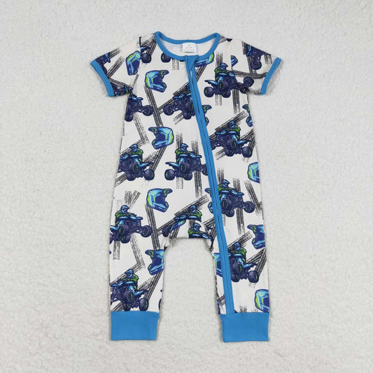 SR1379  Monster Bike Print Baby Boys Summer Zipper Romper