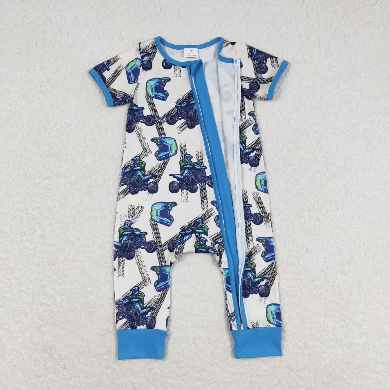 SR1379 Monster Bike Print Baby Boys Summer Zipper Romper