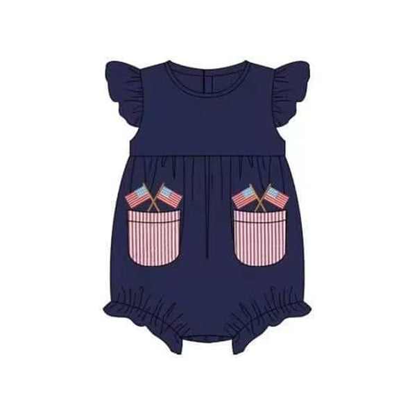 (Pre-order)SR1385 Flags Navy Print Baby Girls 4th of July Romper