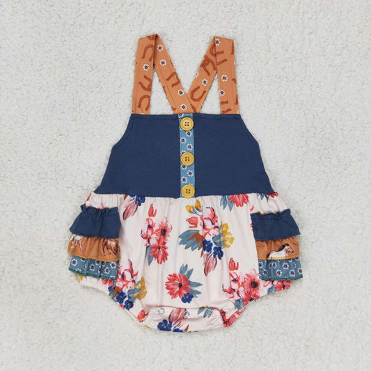 SR1394  Brown Horse Print Baby Girls Summer Western Bubble Romper