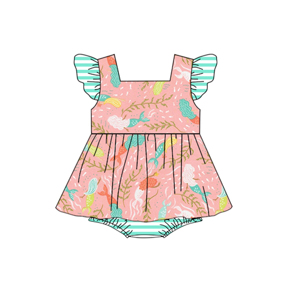 (Pre-order)SR1398 Mermaid Print Baby Girls Summer Romper