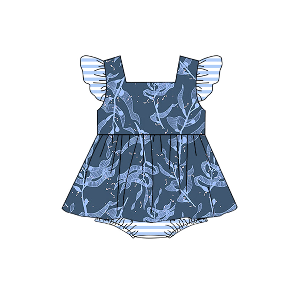 (Pre-order)SR1399 Sea Grasses Print Baby Girls Summer Romper