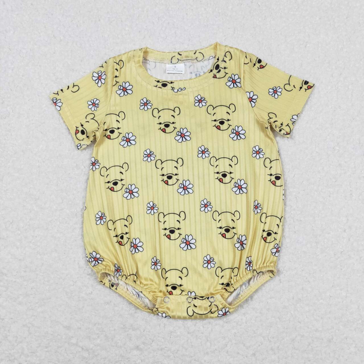 SR1432 Cartoon Bear Flowers Yellow Print Baby Girls Summer Romper