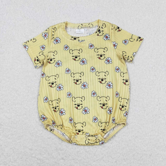 SR1432  Cartoon Bear Flowers Yellow Print Baby Girls Summer Romper