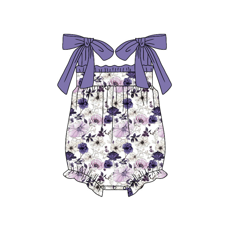 (Pre-order)SR1501 Purple Flowers Print Baby Girls Summer Romper