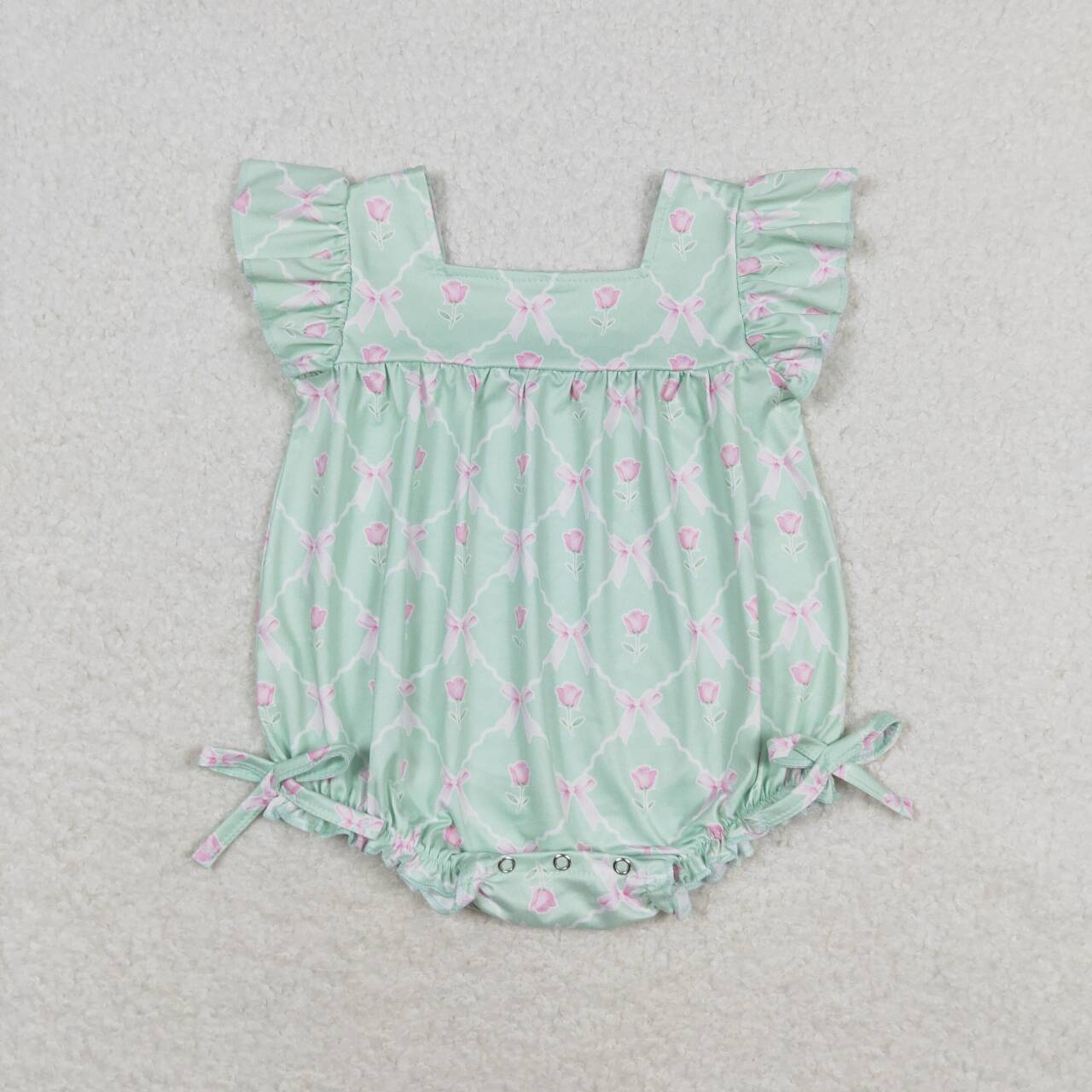 SR1503 Green Flowers Print Baby Girls Summer Romper