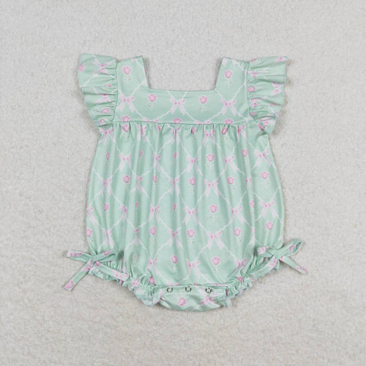 SR1503  Green Flowers Print Baby Girls Summer Romper