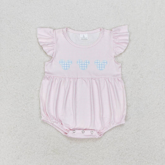 SR1533  Pink Plaid Cartoon Mouse Print Baby Girls Summer Romper