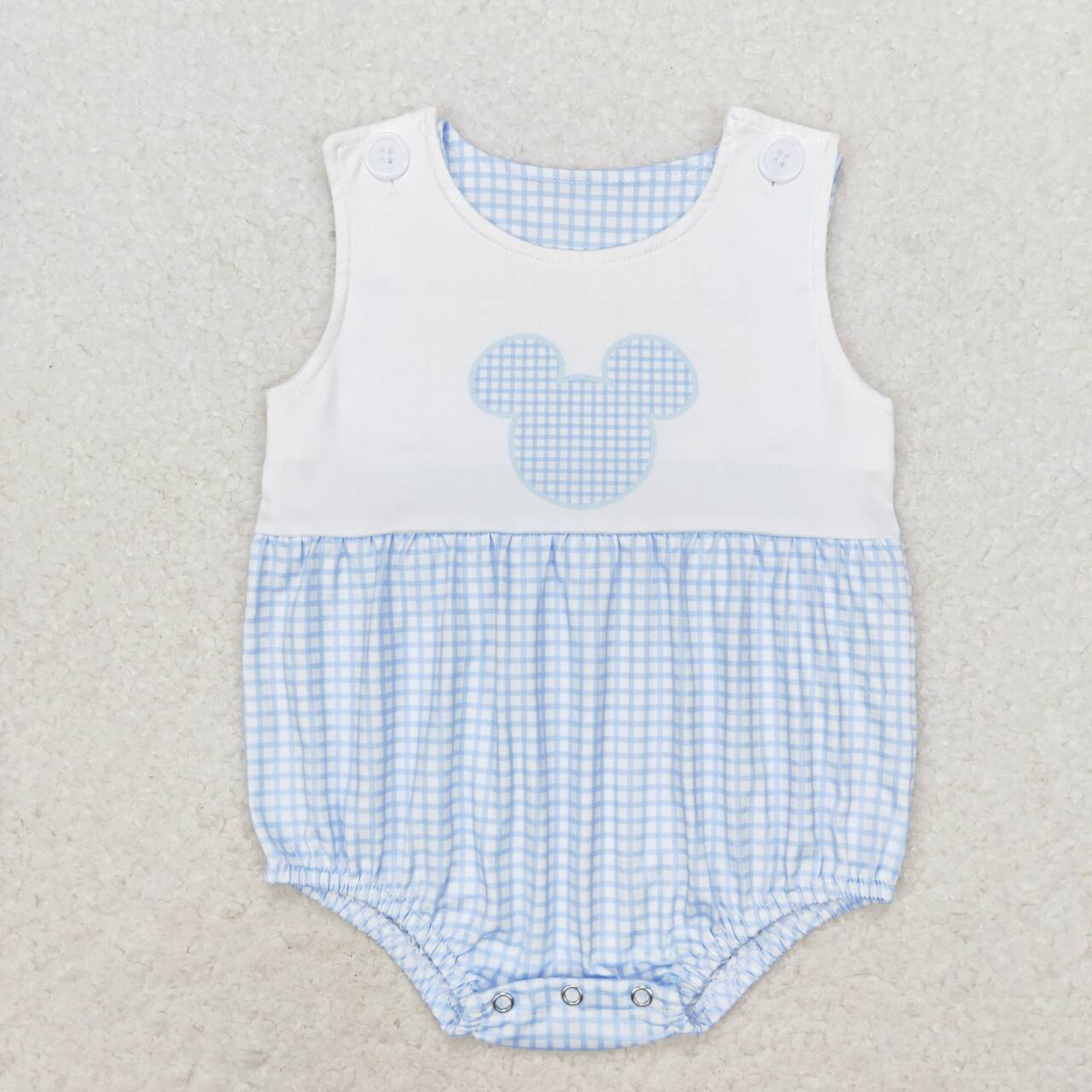 SR1534 Blue Plaid Cartoon Mouse Print Baby Girls Summer Romper