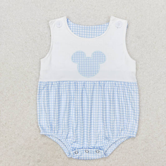 SR1534  Blue Plaid Cartoon Mouse Print Baby Girls Summer Romper