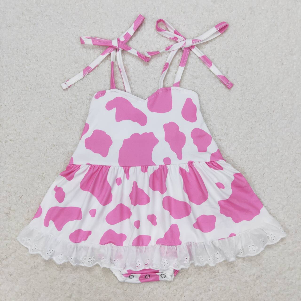 SR1549 Pink Cow Print Big Ruffle Baby Girls Summer Strap Romper