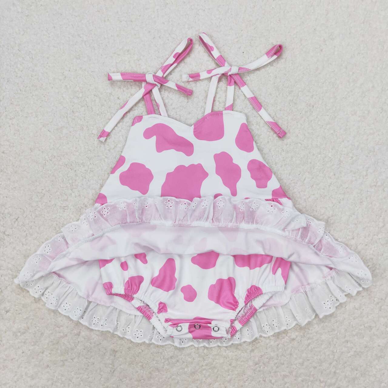 SR1549 Pink Cow Print Big Ruffle Baby Girls Summer Strap Romper