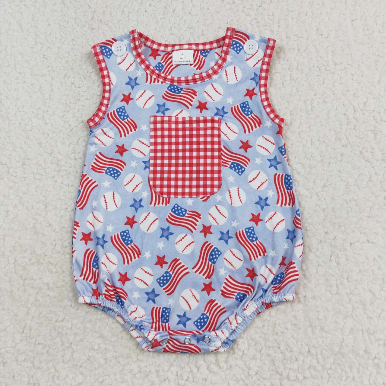 SR1563 Baseball Flags Print Baby Boys 4th of July Romper