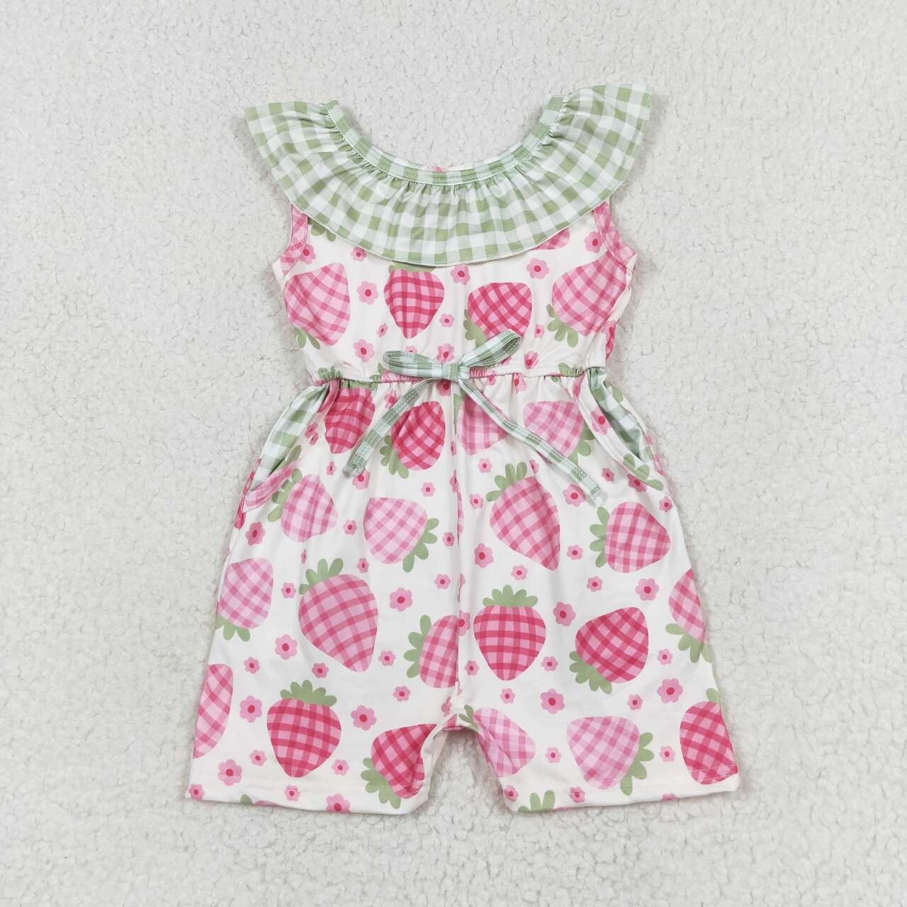SR1565 Flowers Strawberry Print Pockets Girls Summer Jumpsuits