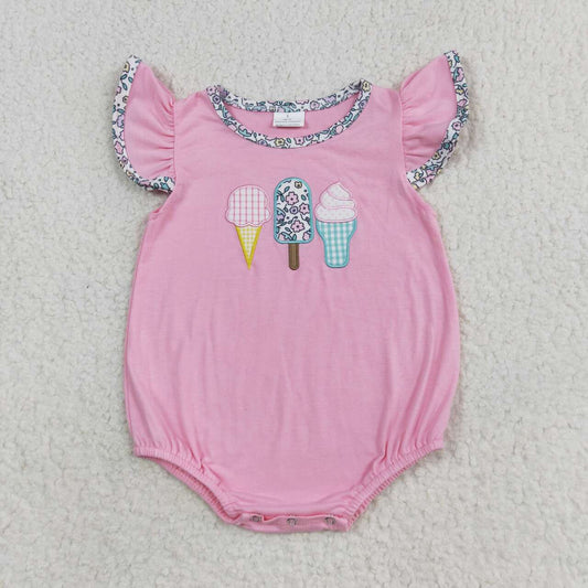SR1598 Popsicle Embroidery Pink Color Flowers Print Baby Girls Summer Romper