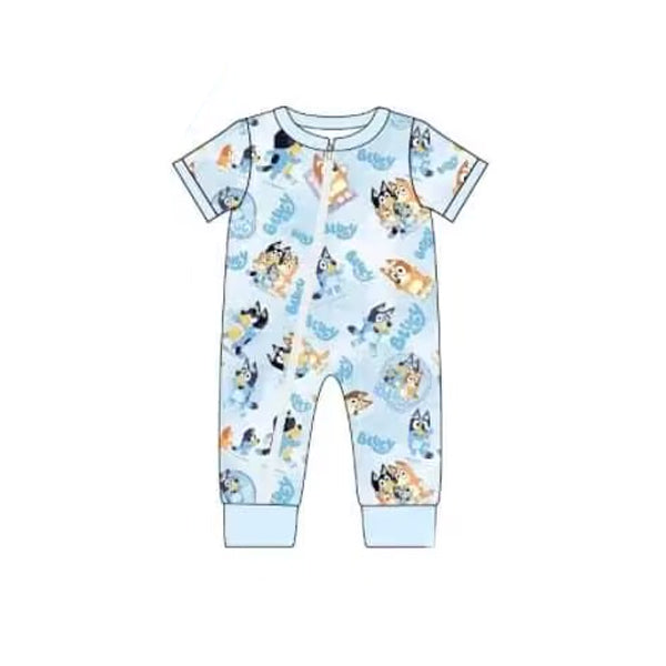 (Pre-order)SR1663 Blue Cartoon Dog Print Baby Boys Summer Zipper Romper