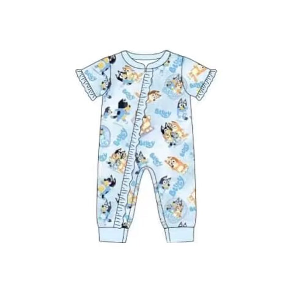 (Pre-order)SR1664 Blue Cartoon Dog Print Baby Girls Summer Zipper Romper