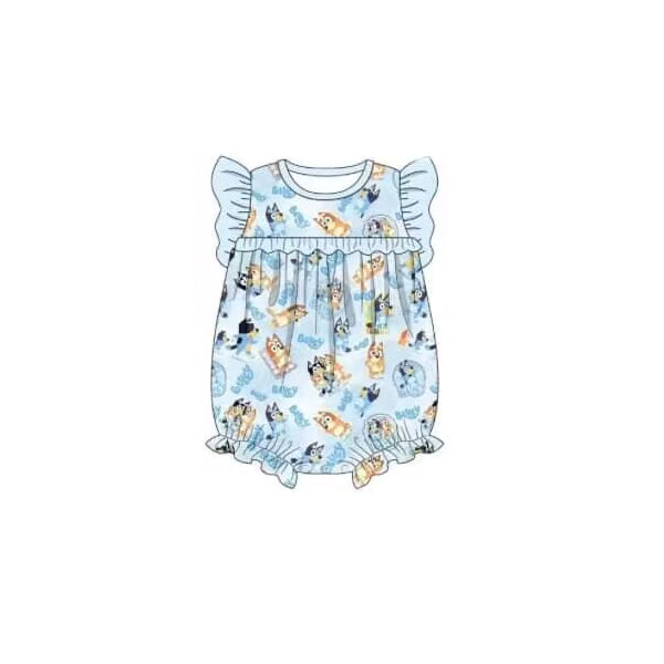 (Pre-order)SR1665 Blue Cartoon Dog Print Baby Girls Summer Romper