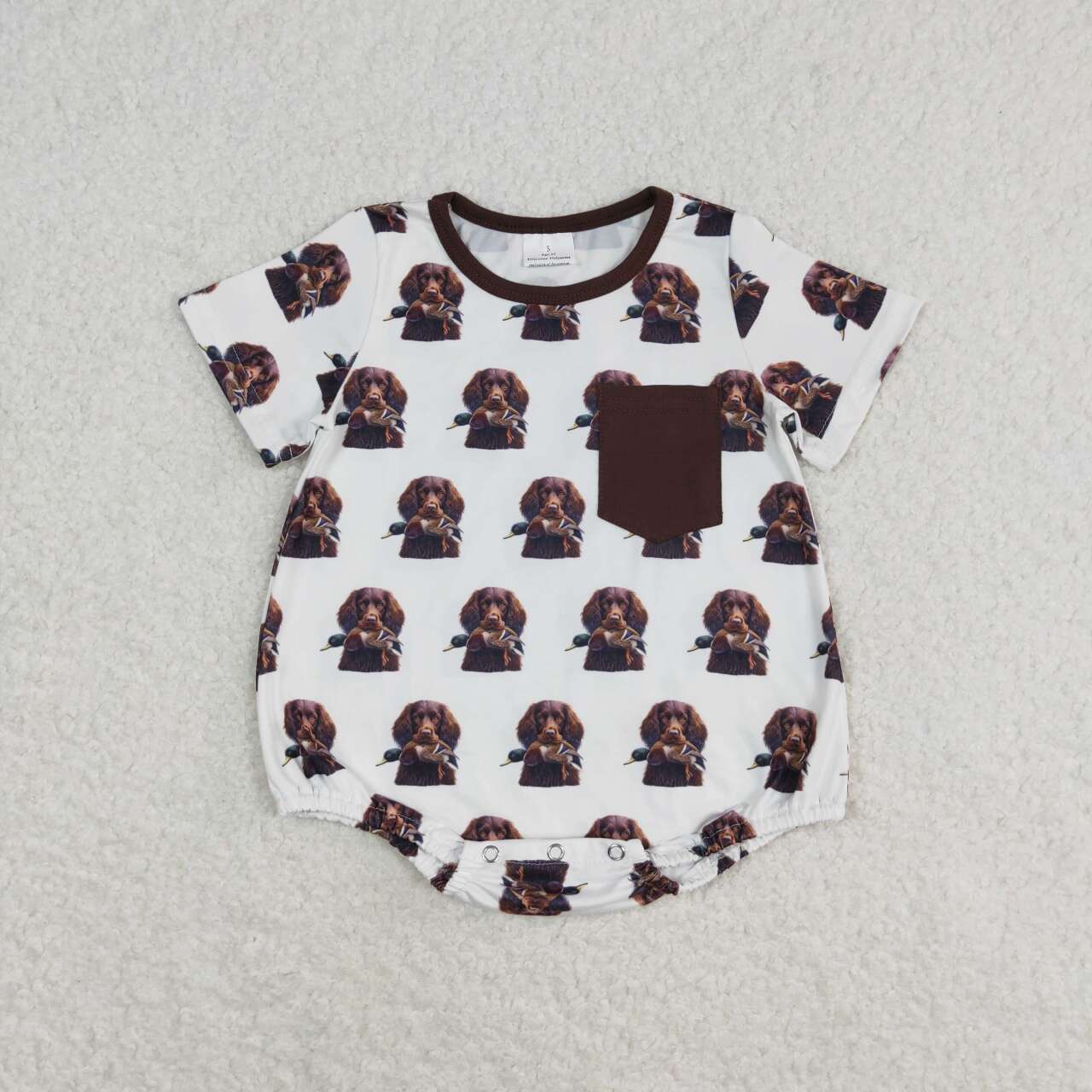 SR1685 Dog Duck Hunting Print Baby Boys Summer Pocket Romper
