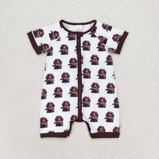 SR1687  Dog Duck Hunting Print Baby Boys Summer Zipper Romper
