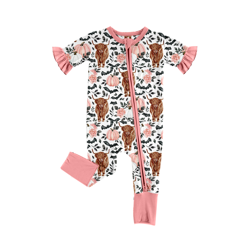 (Pre-order)SR1691 Highland Cow Pumpkin Print Baby Girls Fall Zipper Romper